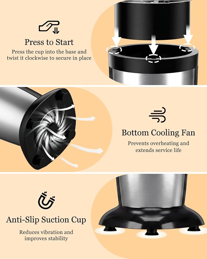 Personal Bullet Blender for Smoothies and Shakes, Kitchen Portable Compact Smoothie Maker with 2×24oz To-Go Cups, 10oz Grinding Cup for Frozen Drinks, Small Ice, and Spices
