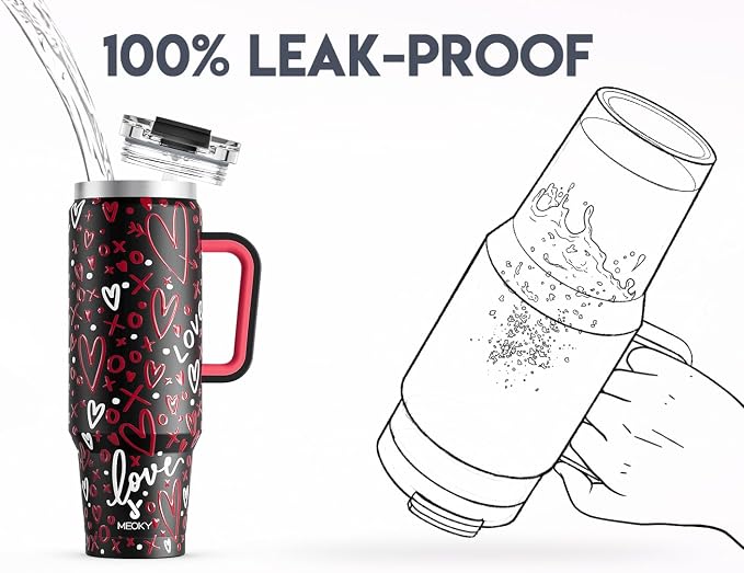 Meoky 40 oz Tumbler with Handle and Straw, Insulated Tumbler with Lid and Straw, Stainless Steel Travel Mug, Keeps Cold for 34 Hours, 100% Leak Proof, Fits in Car Cup Holder (Romance)