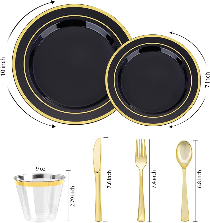 BESTVIP 600PCS Black Gold Dinnerware Set for 100 Guests, Plastic Plates | for Party, 100 Black Gold Disposable Plates, 100 Dessert Plates, 100 Cups, 100 Spoons, 100 Forks and 100 Knives
