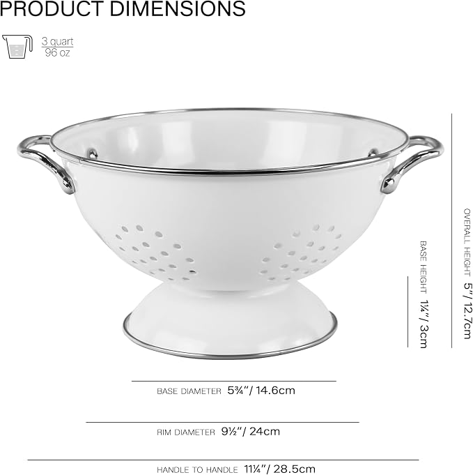 Reston Lloyd, 3 Quart Powder Coated Steel Kitchen Strainer Basket for draining Pasta, Vegetable and Fruit, Chrome Handles and Wide Stable Base, White