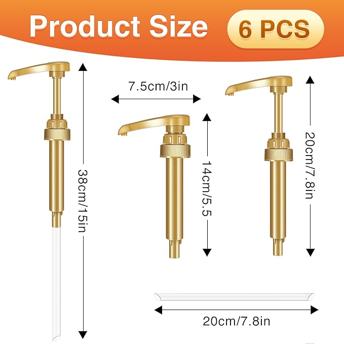 Coffee Syrup Pumps, 6 Pack Gold Syrup Pump | Skinny Syrup Pump for 750ml 25.4oz Syrup Bottle, Syrup Pump Dispenser for Coffee Bar Drinking Mixes,Davinci,Jordans