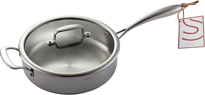 10 Inch/ 2.8 Quart 5-Ply Stainless Steel Saute Pan with Glass Lid | Compatible with All Cooktops, Oven Safe 800F, Dishwasher Safe, PTFE, PFAS and PFOA Free