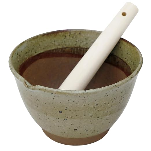 Asayu Japanese Ceramic Grey Mortar Bowl with Wooden Pestle 6.3 in (160 mm), Made in Japan Dishwasher and Microwave Safe Ripple Ridge Suribachi and Sukirogi Set