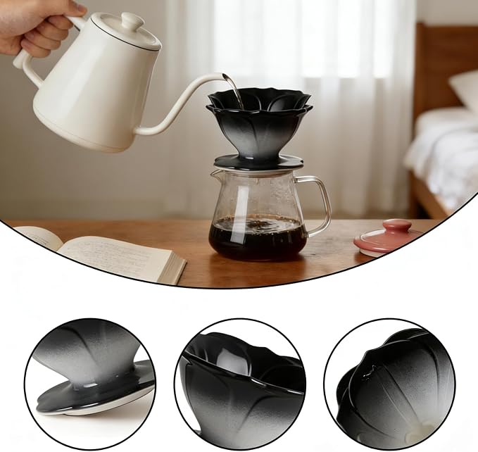 Premium Ceramic Pour Over Coffee Dripper，Includes 40pcs Coffee Filter Papers, suitable for home and travel, Flower Petal Dripper（Gradient Black） (Gradient Black)