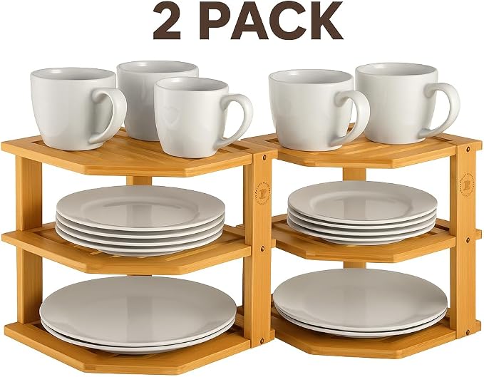 Bamboo Plate Organizer for Cabinet, 3 Tier Corner Shelf Riser, 2 Pack | Holds heavy stacked dishes mugs bowls, non slip feet, tool included easy assembly, kitchen pantry bathroom counter storage