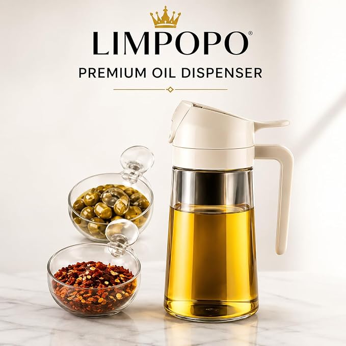 LIMPOPO Oil Sprayer for Cooking 16oz/470ml, Glass Olive Oil Dispenser Bottle, 2-in-1 Spray Mist & Stream Container for Air Fryer, Salad, BBQ, Baking & Grilling (White)