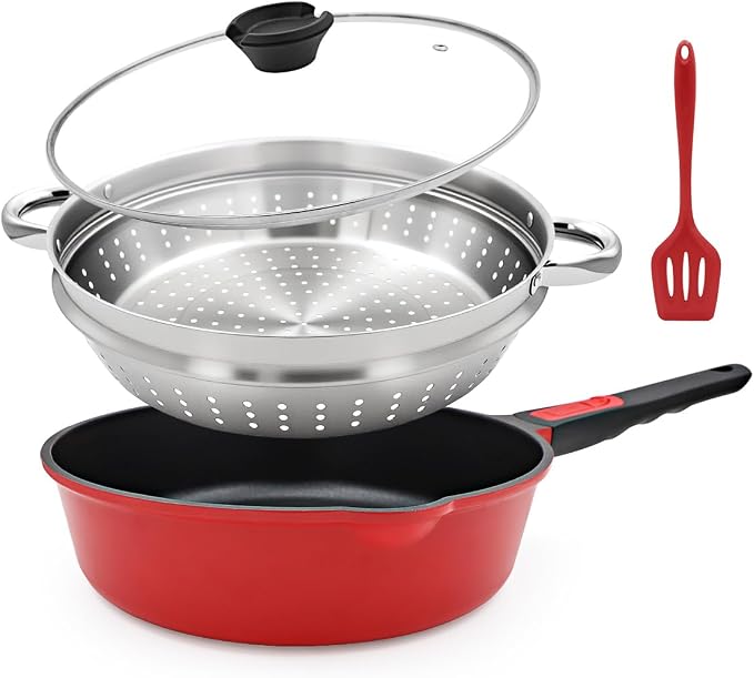 12 Inch Steamer Pan Nonstick, Deep Frying Pan Skillet with Lid, Red | Detachable Handle, Suitable for All Stoves, Including Induction, PTFE & PFAS & PFOA Free, Oven Safe