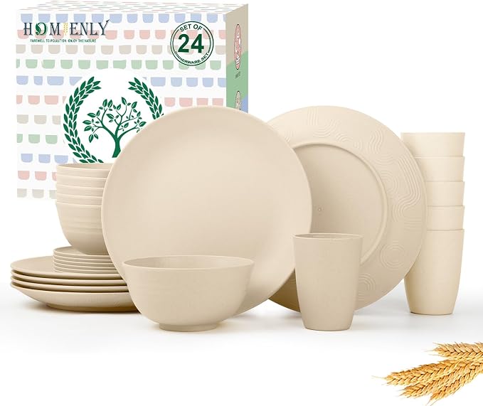 24 PCS Premium Wheat Straw Dishes Set for 6, Reusable Plates and Bowls Sets,Cups,Lightweight & Unbreakable Dishwasher and Microwave Safe Dinnerware Sets for Kitchen,Outdoor- Beige