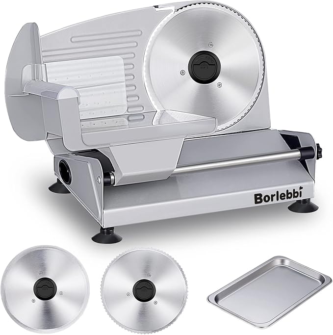 Meat Slicer, 200W Electric Food Slicer with 2 Removable 7.5" Blades | 200W Motor, 2 Removable 7.5" Stainless Steel Blades, Stainless Steel Tray, Child Lock, 0-15 mm Adjustable Thickness