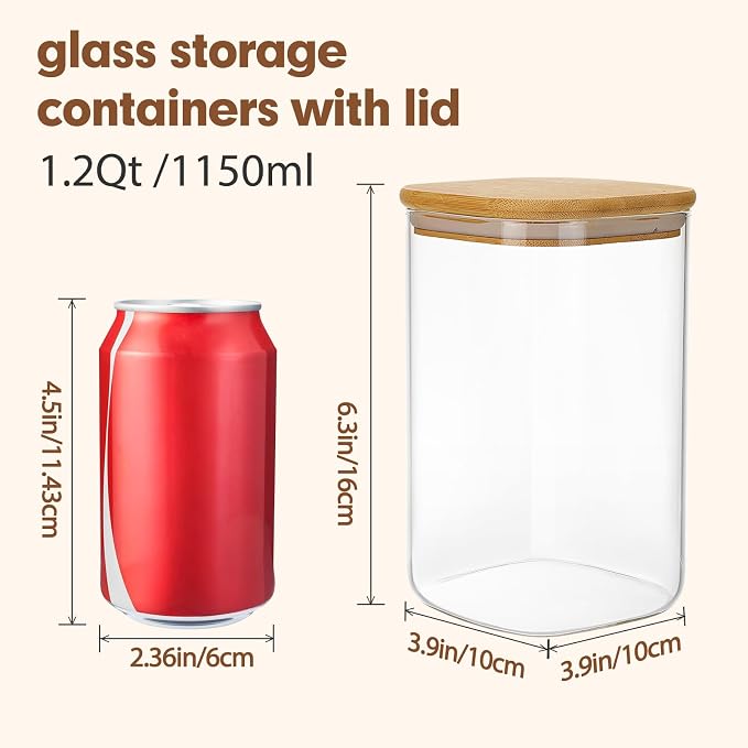 Moretoes 6pcs Glass Food Storage Containers with Lids, 1.2qt Glass Jars | Square Glass Storage Containers with Bamboo Press Lids, Airtight Pantry Storage Jars for Flour, Sugar, Dry Goods