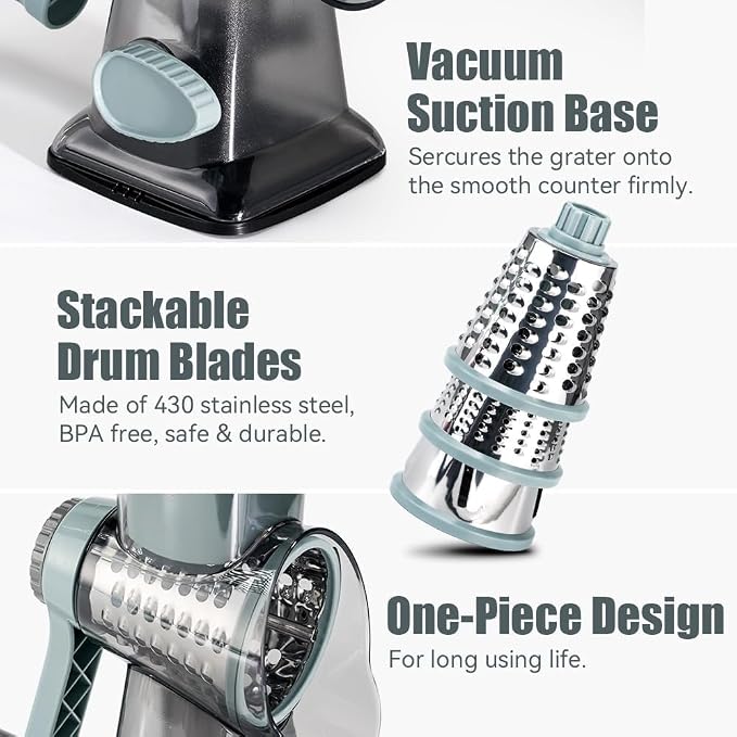 Rotary Cheese Grater Hand Crank Transparent - Shredder Slicer Grinder 3 Stainless Steel Blades, Stable Suction, Labor-Saving Handle, Safe Kitchen Tool for Cheese, Vegetable, Nuts, Chocolate