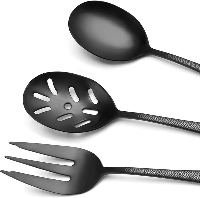 Matte Black Serving Set, sharecook 5-Piece 18/0 Stainless Steel Large Hostess Set with Round Edge, Satin Finished, Dishwasher Safe -Spoons, Forks,Butter Knife& Slotted Spoon