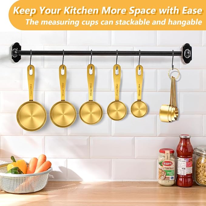 Gold Measuring Cups & Spoons Set for Cooking, 9pcs | 5 Stainless Steel Measuring Cups, 4 Measuring Spoons, Premium Finish Baking Gadgets for Dry & Liquid Ingredients
