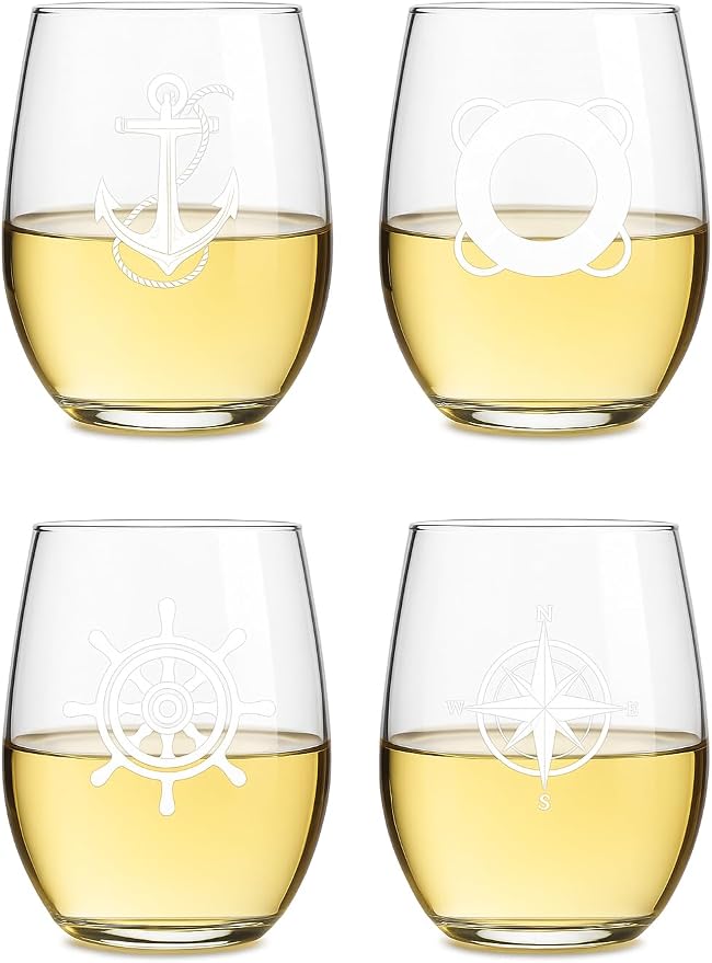 Set of 4 Stemless Boat Wine Glasses – 16oz Unbreakable Nautical Glasses with Anchor, Compass, Helm & Life Ring – BPA-Free Tritan Plastic, Dishwasher Safe – Ideal for Boats, Pool, RV & Outdoor Use