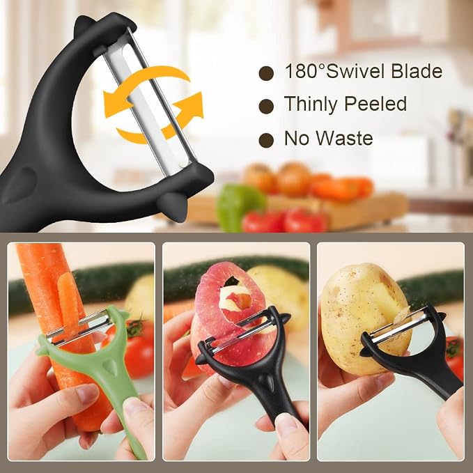 AUAUY 2PCS Potato Peeler, Y-Shaped Swivel Vegetable Peeler, Green + Black | Fruit Peeler for Kitchen, Non-Slip Grip Peeler, Ergonomic Handle Sharp Blade Stainless Steel Peeler