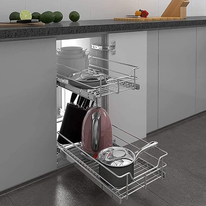 2 Tier Pull Out Cabinet Organizer 15" W X 22" D, Chromed, Full Slide Out | For Kitchen Organizers and Storage, Pull Out Drawers For Cabinets Capacity Heavy Duty Caddy, Cabinet Shelves, Bathroom Pantry