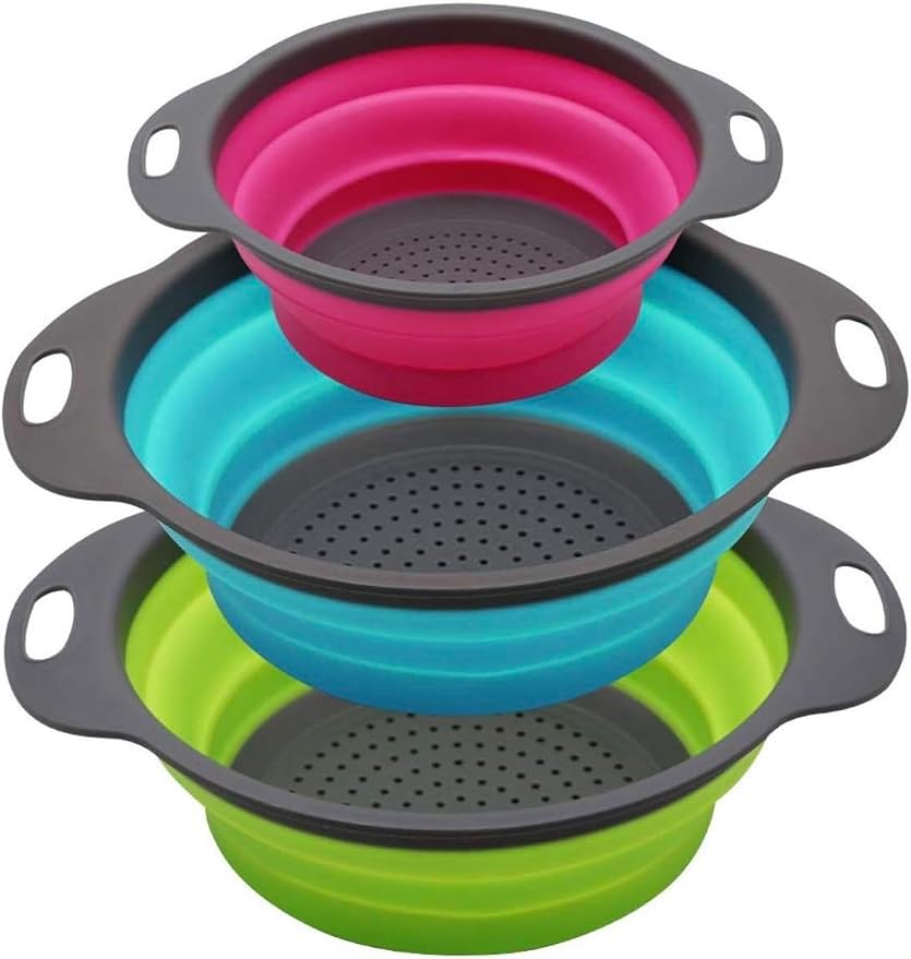 Set of 3 Niklye Ultimate Kitchen Strainers—1×10” & 2×12” Collapsible Silicone Colanders. Now more durable and robust for everyday use with pasta, veggies, fruit & more.