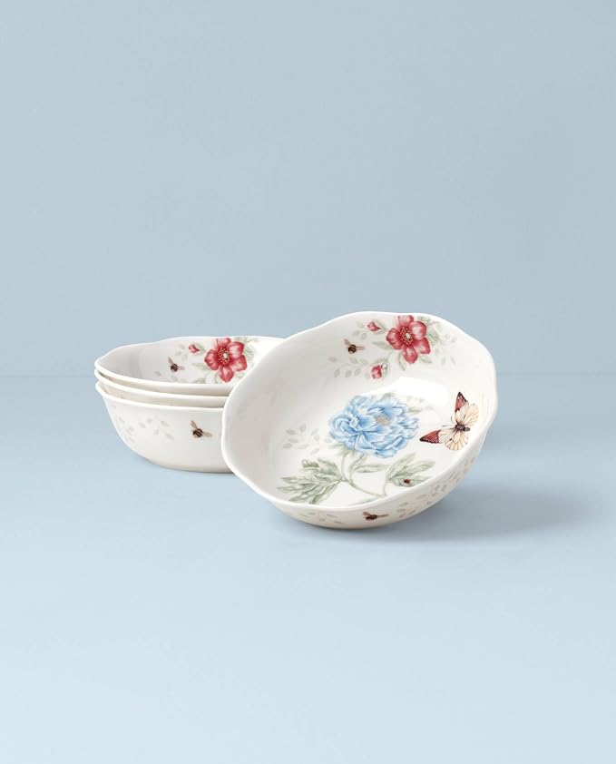 Lenox Butterfly Meadow Porcelain 4-Piece Soup Bowl Set for 4, 32oz | dishwasher safe | kitchen and dining essential | 32oz capacity, 7.75 inch diameter | 2.25 inch, gift for women