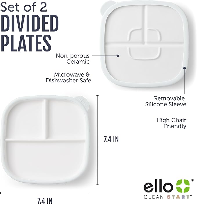 Ello Clean Start Ceramic Toddler Divided Plates, 2 Pack, Quiet Tide/Tech Blue