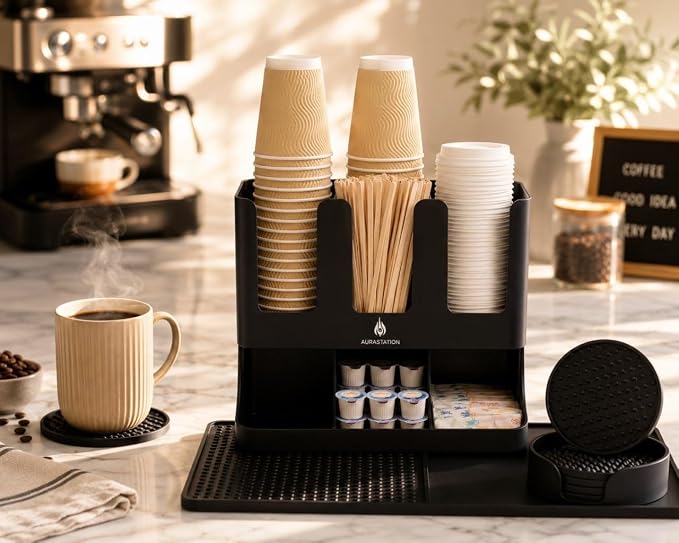Coffee Bar Accessories and Organizer with Heat-Resistant Silicone Mat – Coffee Station Organizer 7-Piece Kit, Coffee Cup Organizer for Countertop or Cabinet with Coasters Set | Complete 7-Piece Coffee Station Bundle – Cup Organizer, Silicone Mat & 4 Ma...