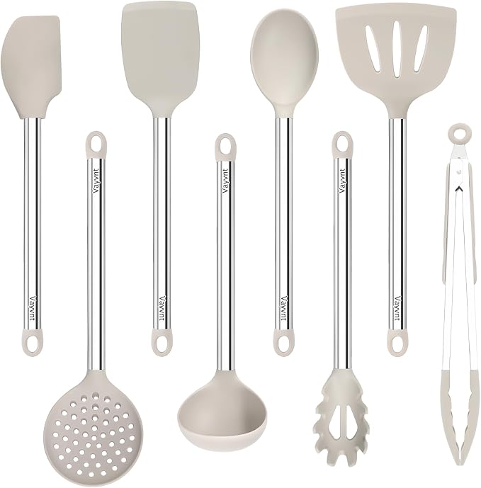 Vayvnt Kitchen Utensil Set, Silicone Utensils Dishwasher Safe, 8PCS, Khaki | Cooking Utensils Set for Non-Stick Cookware, NonToxic, Plastic-Free, Heat Resistant Up to 480℉, Cooking Spoons Spatula Tongs