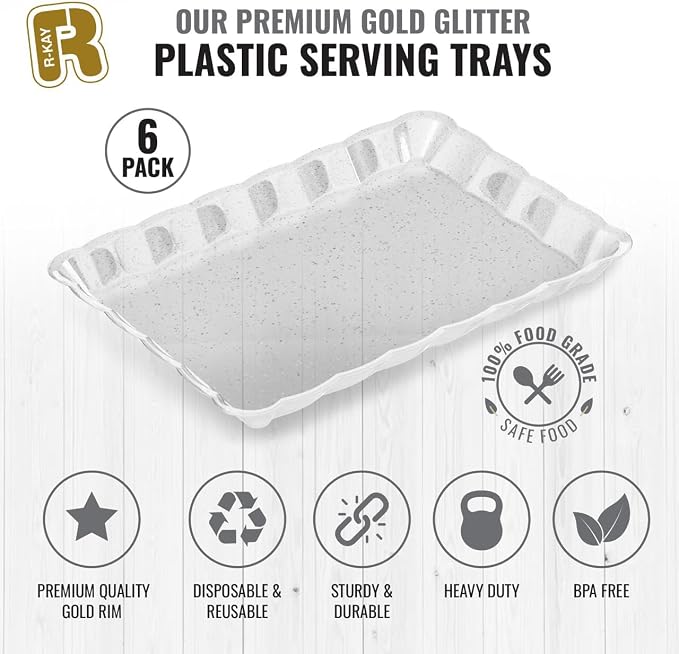 6 Pack Silver Glitter Plastic Serving Trays for Party, 9 x 13 Inch - Heavy Duty Plastic Silver Trays for Food - Rectangular Party Serving Platters