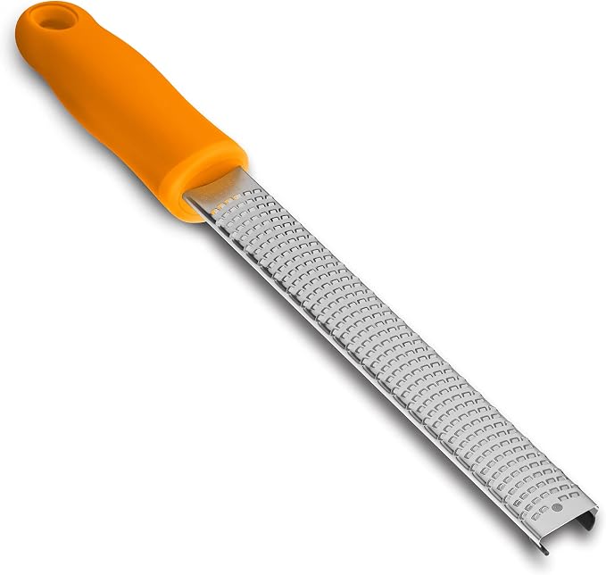 8-Inch Lemon Zester & Cheese Grater, 18/8 Stainless Steel, Orange | Fine 18/8 Stainless Steel Blade for Citrus, Parmesan, Ginger and Garlic, Soft Non-slip Handle, Cover, Dishwasher Safe