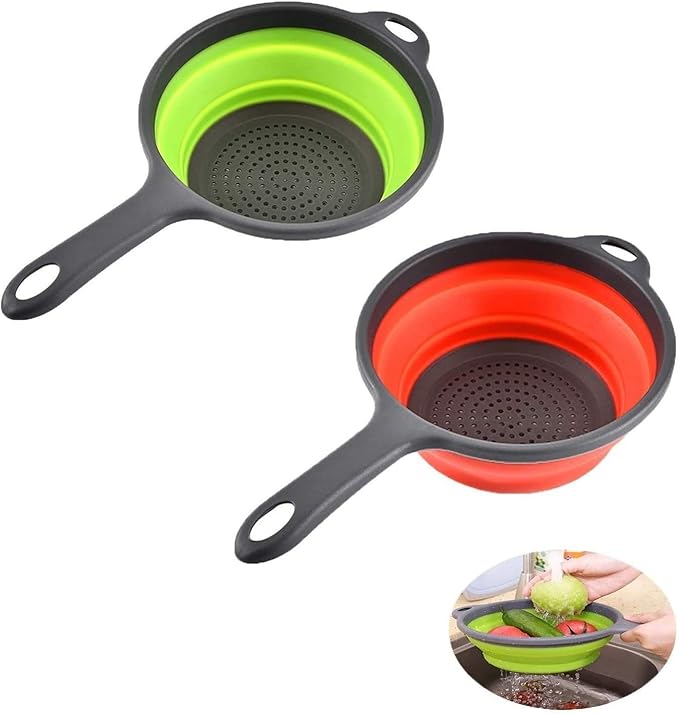 Foldable Silicone Strainer Colanders with Handles, Green and Red, 2 Pack | Collapsible Colanders, Space-Saver Folding Strainer, for Draining Pasta, Vegetable