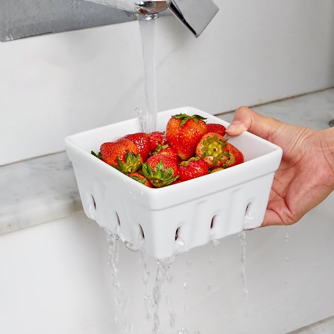 ONEMORE Berry Basket Ceramic Berry Bowls with Holes Square Fruit Bowl Berry Colander Containers for Fridge - 5.8" Fruit Basket for Kitchen Décor, Set of 2, White
