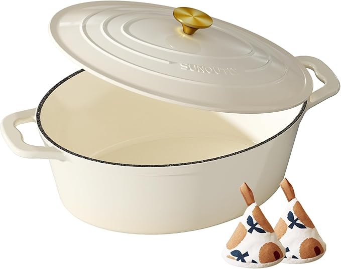 Enameled Cast Iron Dutch Oven - 9.3QT Dutch Oven Pot with Lid & Cotton Potholders - Heavy-Duty Non Stick Casserole Pot for Braising, Stews, Roasting, Baking, Suitable for All Stovetops, Cream White