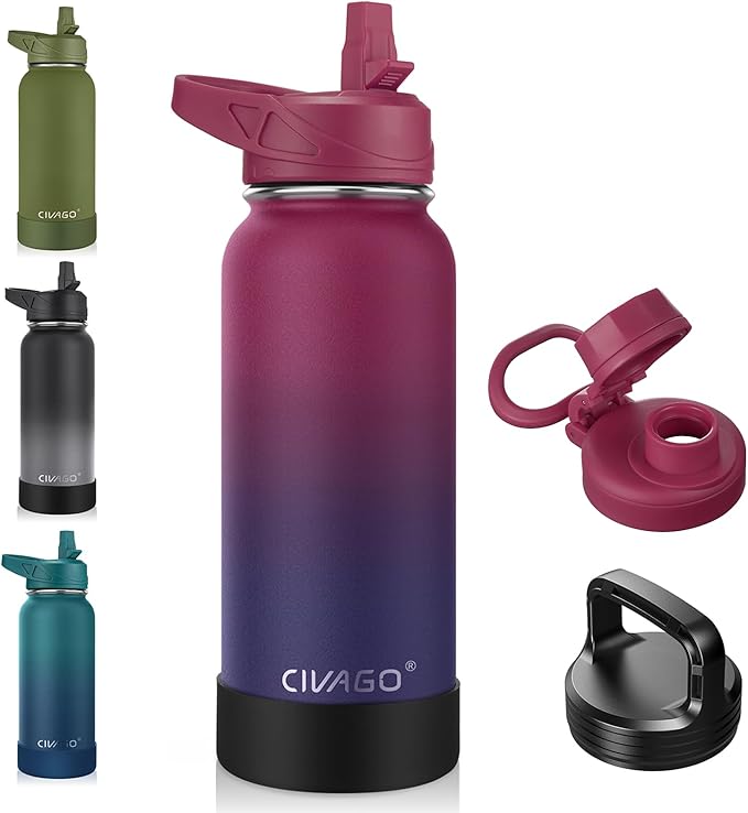 CIVAGO 32 oz Insulated Stainless Steel Water Bottle With Straw and 3 Lids | Large Metal Sports Water Jug, Leakproof Reusable Wide Mouth Thermal Flask Cup with Silicone Boot, BPA-Free, Dark Rainbow