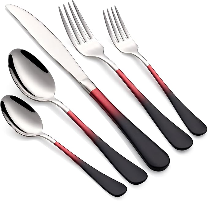 20-Piece Black Red Silverware Set 18/0 Stainless Steel Silverware Set Black Red Handle Cutlery Set Service for 4 Dinner Knives Forks Spoons Set Flatware Set Finish Dishwasher Safe