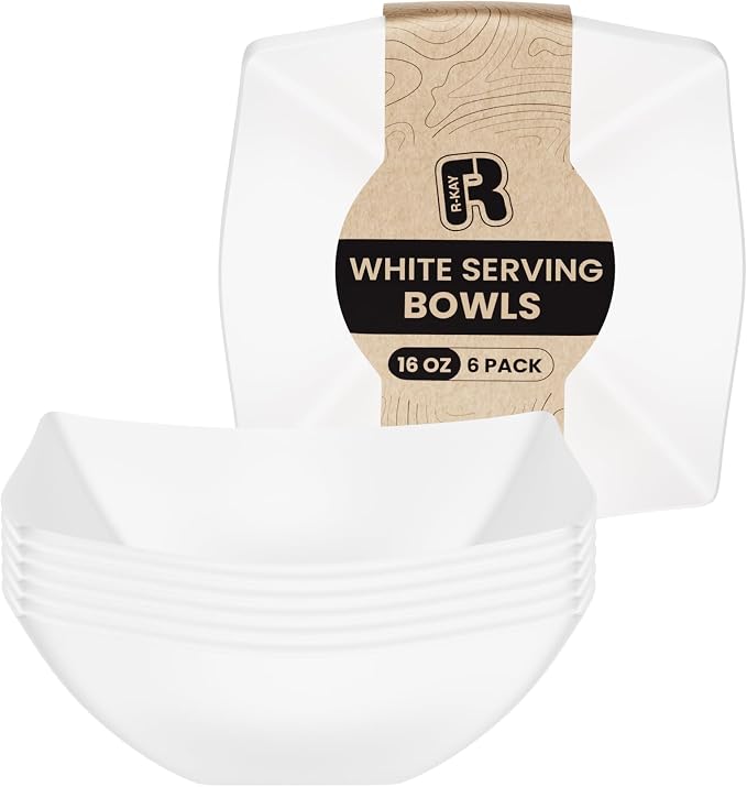 R-kay 6 Pack Square Plastic Serving Bowls - White Plastic bowls 16 Oz - Premium White Bowls Disposable Heavy Duty For Weddings Catering And Birthday parties
