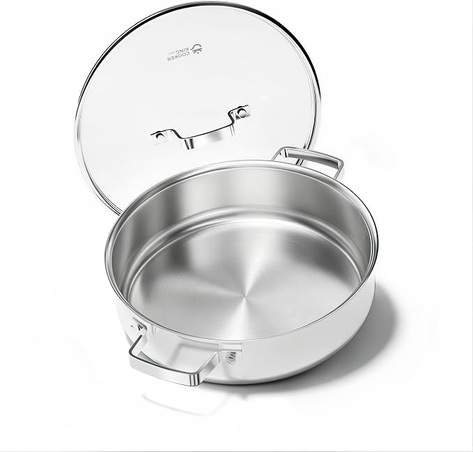 COOKER KING 5Qt Sauté Pan w/Lid, Stainless Steel Braiser, Chicken fryer | Non-Toxic Uncoated Pot, Dishwasher & Oven Safe, Induction Ready, Dual Cool Handle, 3-Ply Clad for Fast Heat