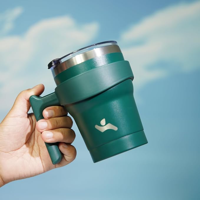 Konokyo 10 oz Tumbler with Handle and Straw, Insulated Travel Mug | Army Green; BPA-free, leak-proof tumbler with 2 lids, 2 straws, cup holder fit for coffee, office, travel & daily use