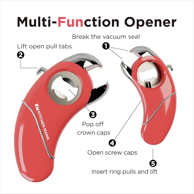 Kitchen Mama Epic One Multifunction Opener, Red | Magnetic Bottle Opener, Beer Soda Opener, Effortless Jar Lid Opener, For Seniors and Elderly with Weak Hands and Arthritis
