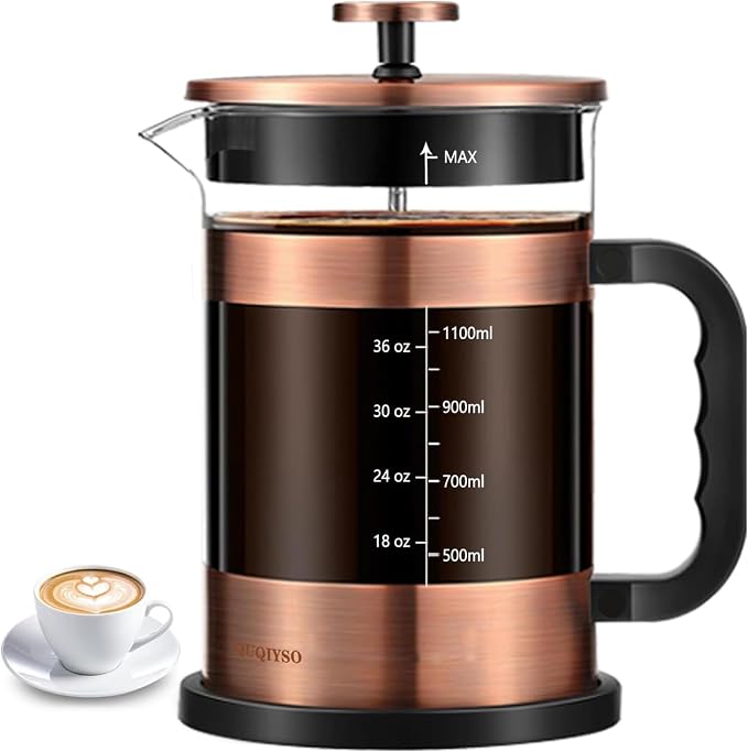 QUQIYSO French Press Coffee Maker 51oz, Large French Press, Thickened Glass | Borosilicate Glass Plastic Free Coffee Maker, Easy to Clean,4 Filter, Coffee Press Suitable for Kitchen Party Camping(Copper)