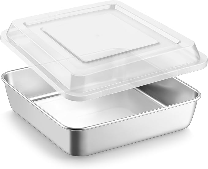 LIANYU Stainless Steel Baking Pan with Lid, 8 x 8 Lasagna Brownie Cake Pan | Square Baking Pan Set, Kitchen Cooking Roasting Dish, Even Heating & Dishwasher Safe (1 Pan +1 Lid )