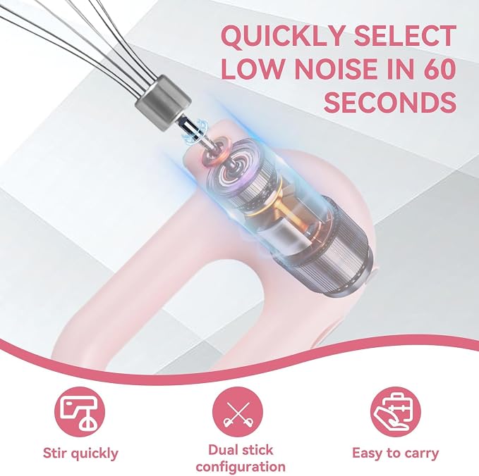 4 Speed Electric Hand Mixer, Mini 4 Speed Adjustable Cordless USB Rechargeable Electric Whisk Hand Mixer Portable Handheld Mixer 1500mAh Egg Beater (Pink)