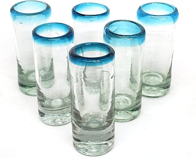 Aqua Blue Rim 2 oz Tequila Shot Glasses (set of 6), Recycled Glass, Lead-free, Toxin-Free (Shot)