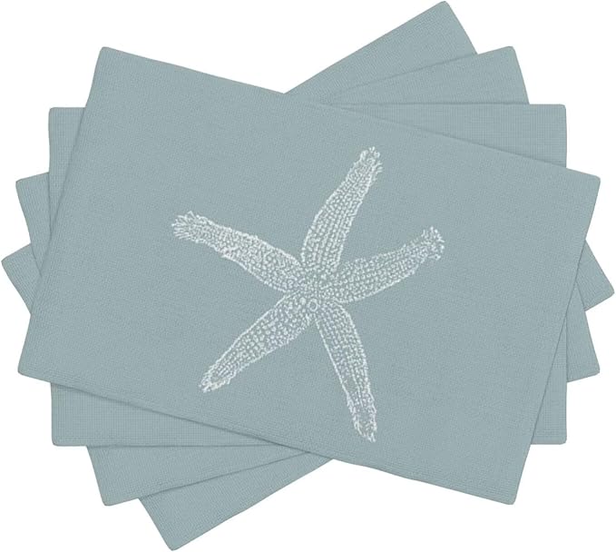 Summer Coastal Placemats Set of 4, Beach Theme Ocean Seafoam Blue Starfish Decorative Table Mat 12 x 18 Inch Heat Resistant Non Slip Line Fabric Nautical Place mat for Dining Table