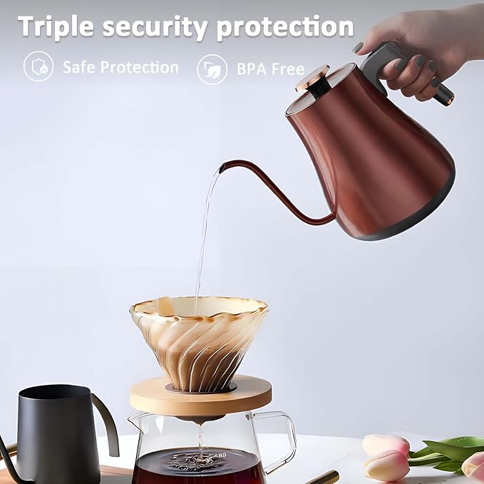 Gooseneck Electric Kettle 1.0L,1000W, Smart, Pour Over, Copper | 104-212°F, LED Digital Display, Touch control, Keep Warm, 304 SS BPA-Free, Auto Shut-Off, BPA-Free, For Pour Over & Tea