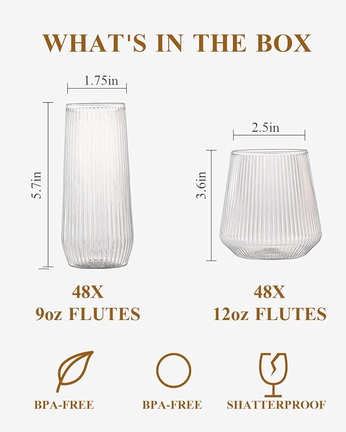BESTSTAR 96 Pack Clear Plastic Ribbed Origami Ripple Plastic Glasses Set | 48 9OZ Stemless Champagne Flutes & 48 12OZ Cups, BPA-Free Shatterproof Clear Drinkware for Weddings, Parties & Events