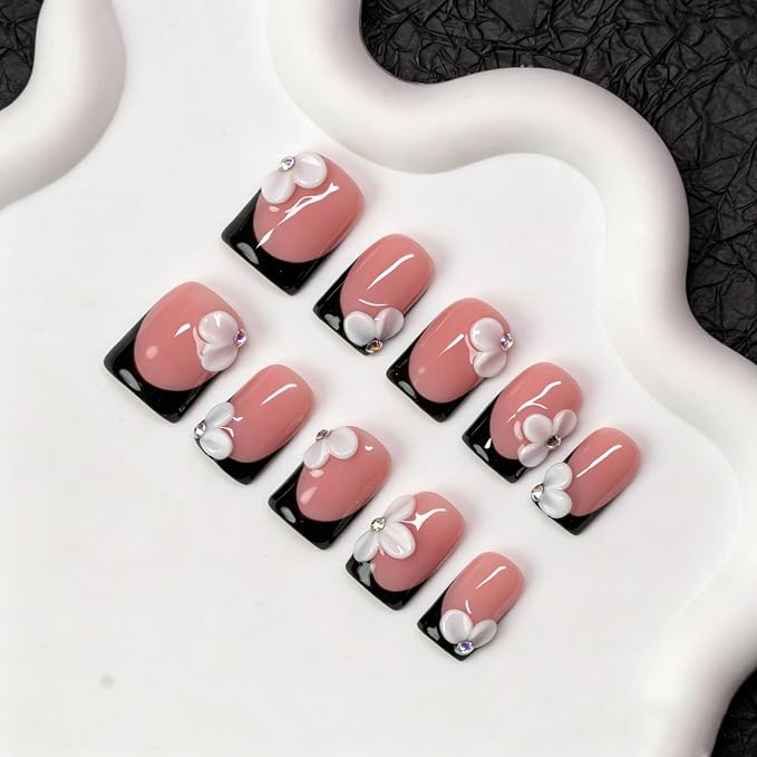 White Flower Press on Nails Handmade Black French Tip Fake Nails with Designs 3D Floral & Rhinestone Accents Short Square Handmade Salon Quality Thick Acrylic Nail Stick on Nails for Women (S）