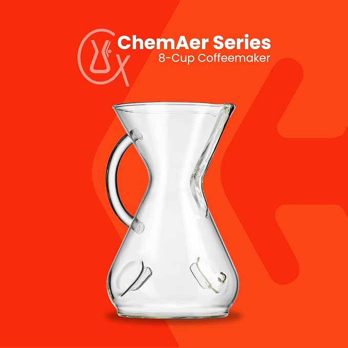 Chemex ChemAer Pour Over Coffee Maker, Glass Handle, 8 Cup 40 oz Carafe | Aerates and Oxygenates Coffee or Wine, Patented Filter, Borosilicate Glass