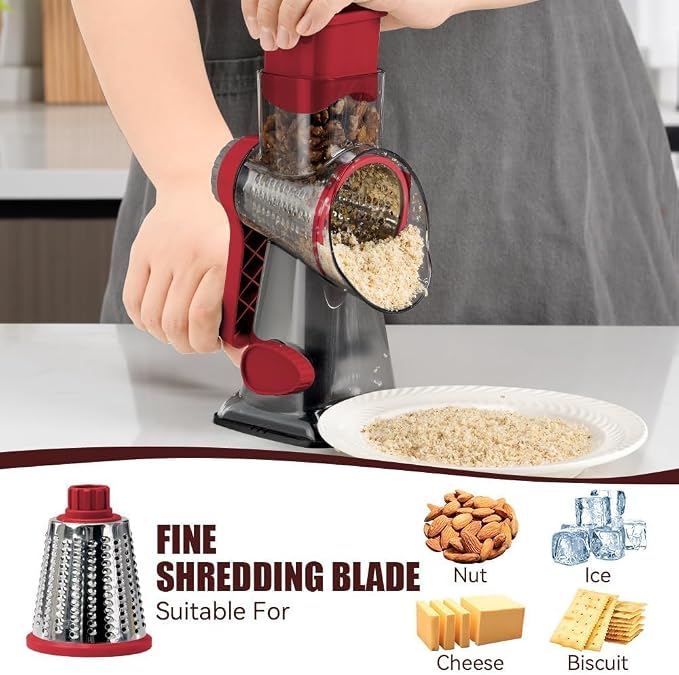 Rotary Cheese Grater Pro 6 in 1 - Shredder Crinkle Slicer Grinder Ice Shaver, Stable Suction, Time-saving Easy Use & Clean, Safe Morden Kitchen Tool for Cheese, Vegetable, Nuts, Chocolate