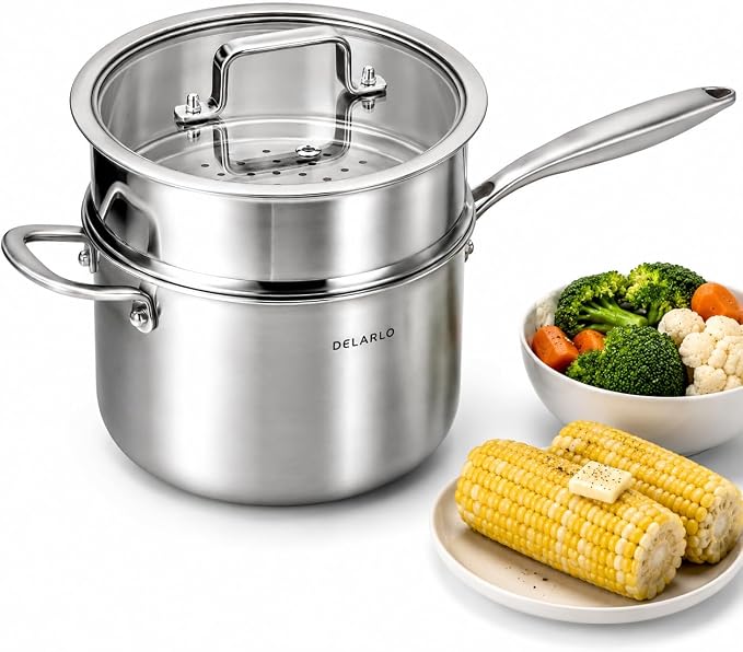 DELARLO Tri-Ply Whole-Clad Stainless Saucepan 3.5 Quart Steamer Set