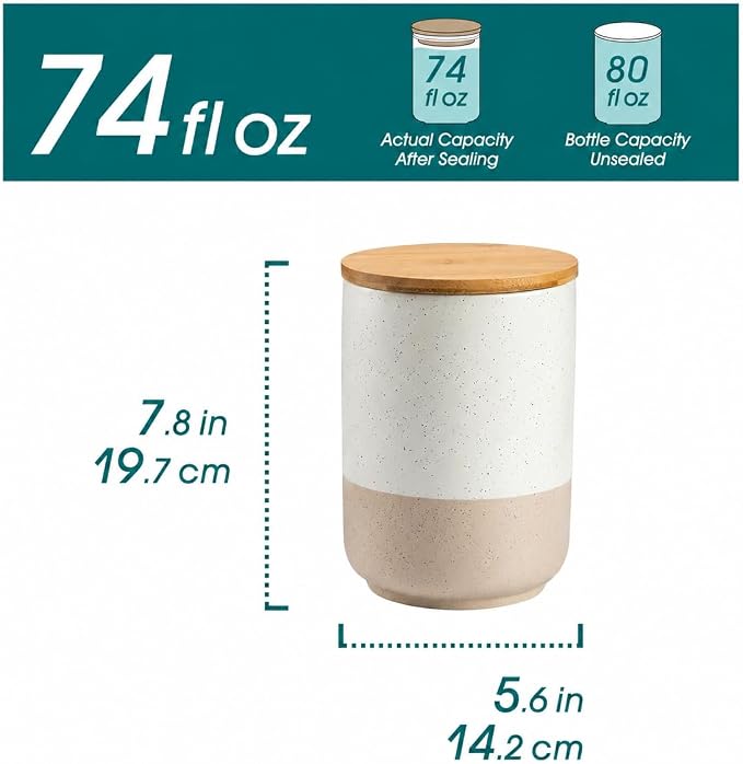 vancasso Sabine Large Ceramic Canister with Airtight Wood Lid - 74 oz Kitchen Food Storage Jar for Flour, Sugar, Coffee, Tea & Spices - Big Capacity Countertop Jar