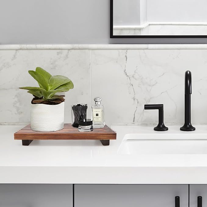 Decorative Wooden Tray for Bathroom Counter Kitchen Wood Riser Vanity Tray | Farmhouse Bathroom Sink Accessories Wood Display Pedestal Stand Countertop Tray Teak Bathtub Dish Soap Dispenser Holder