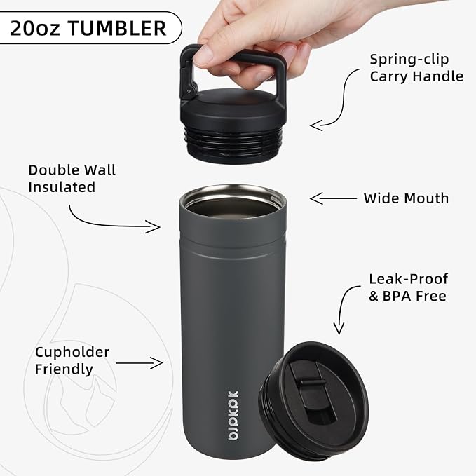 BJPKPK 20 oz Insulated Travel Water Bottle, Coffee Tumbler Stainless Steel | Double Wall Vacuum, Leakproof, Thermal, Keeps Hot/Cold, BPA Free, Dishwasher Safe, Spill Proof, Wide Mouth, 2 Lids, Grey